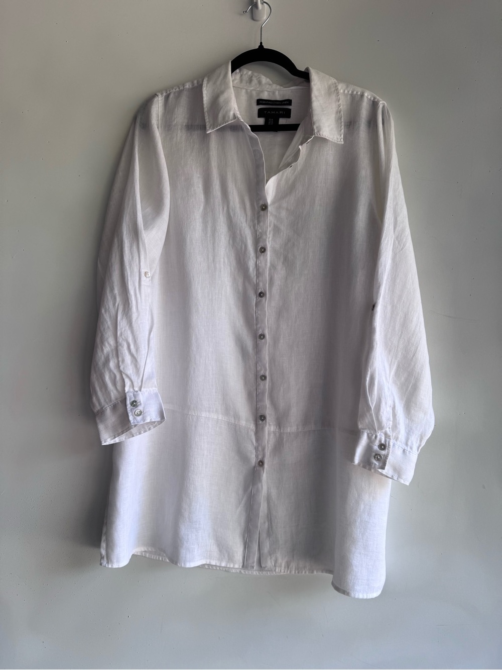 Tahari White 100% Linen LS w/Rollup tab  Shirt/Tunic SZ 1X Coastal Cruise Beach